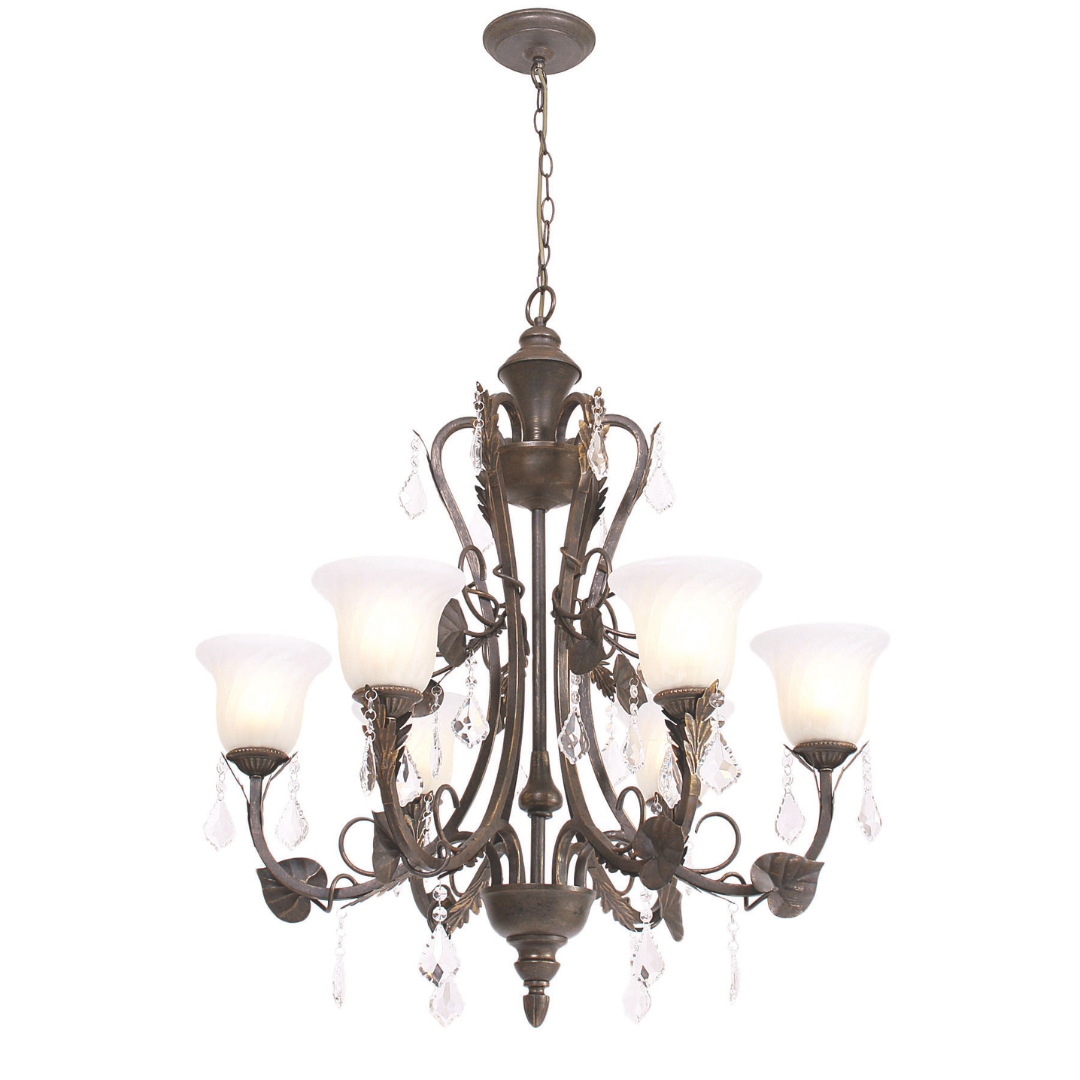 Metal Chandelier with Fluted Alabaster Glass and Crystal Drops