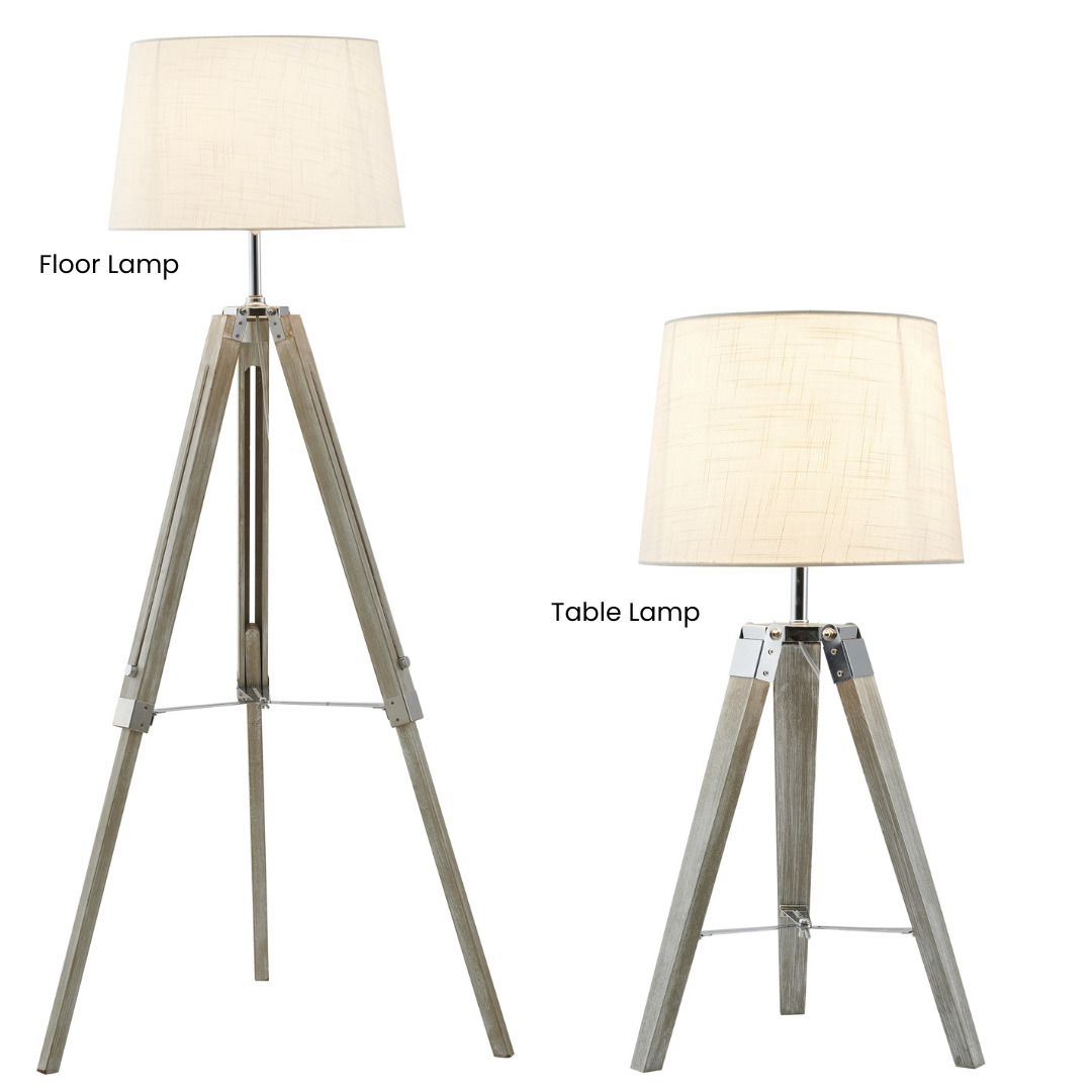 Wood and Polished Chrome Lamp with Beige Fabric Shade