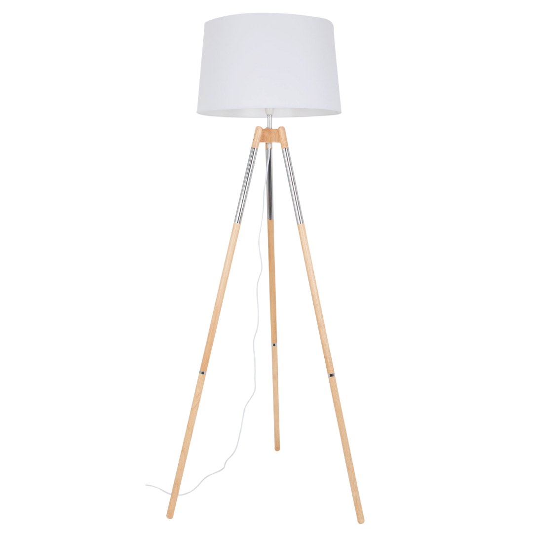 Wood and Polished Chrome Standing Lamp with White Fabric Shade
