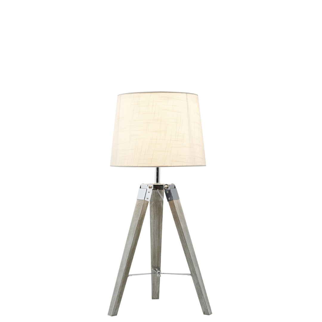 Wood and Polished Chrome Lamp with Beige Fabric Shade