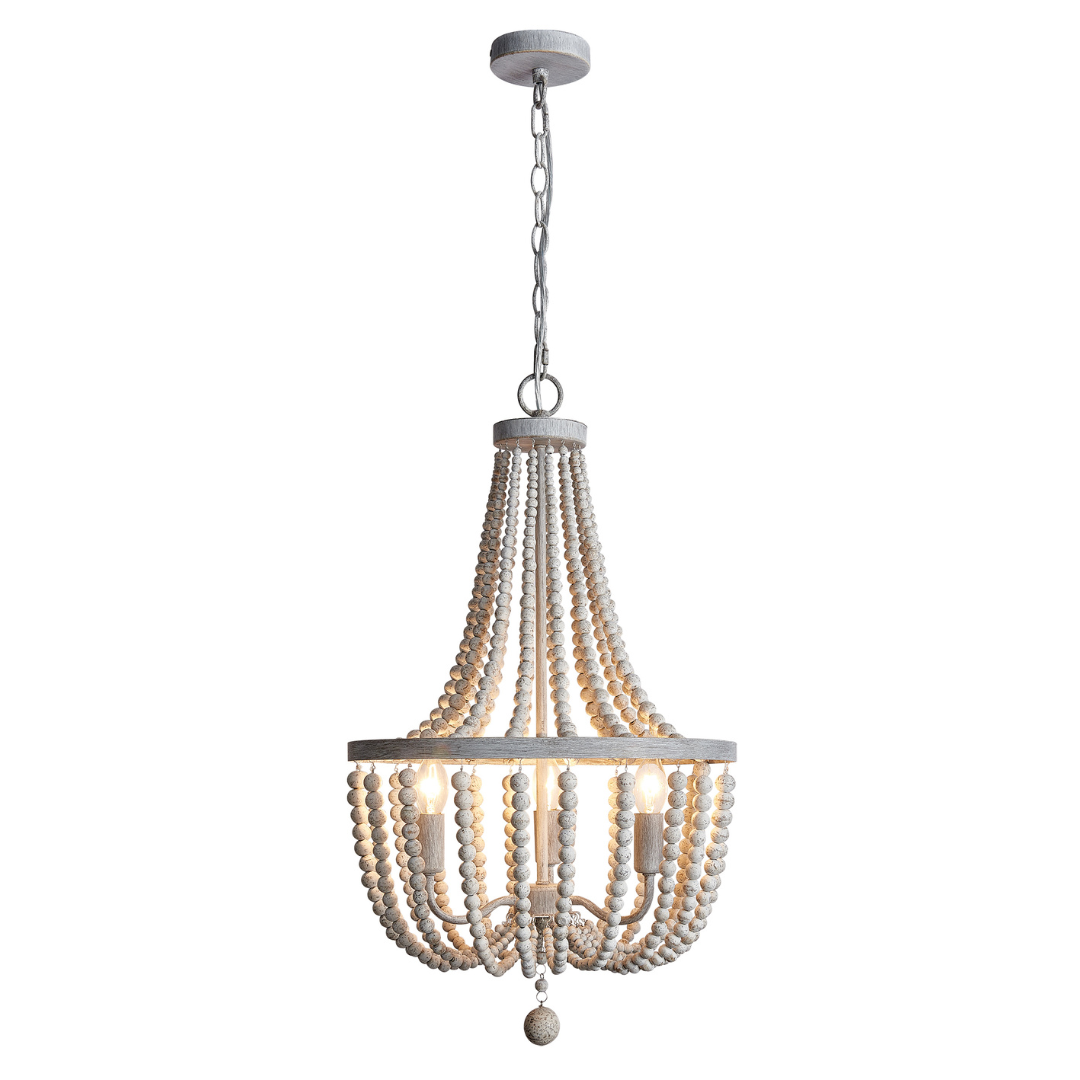 White Washed Bead Chandelier with Metal and Wood