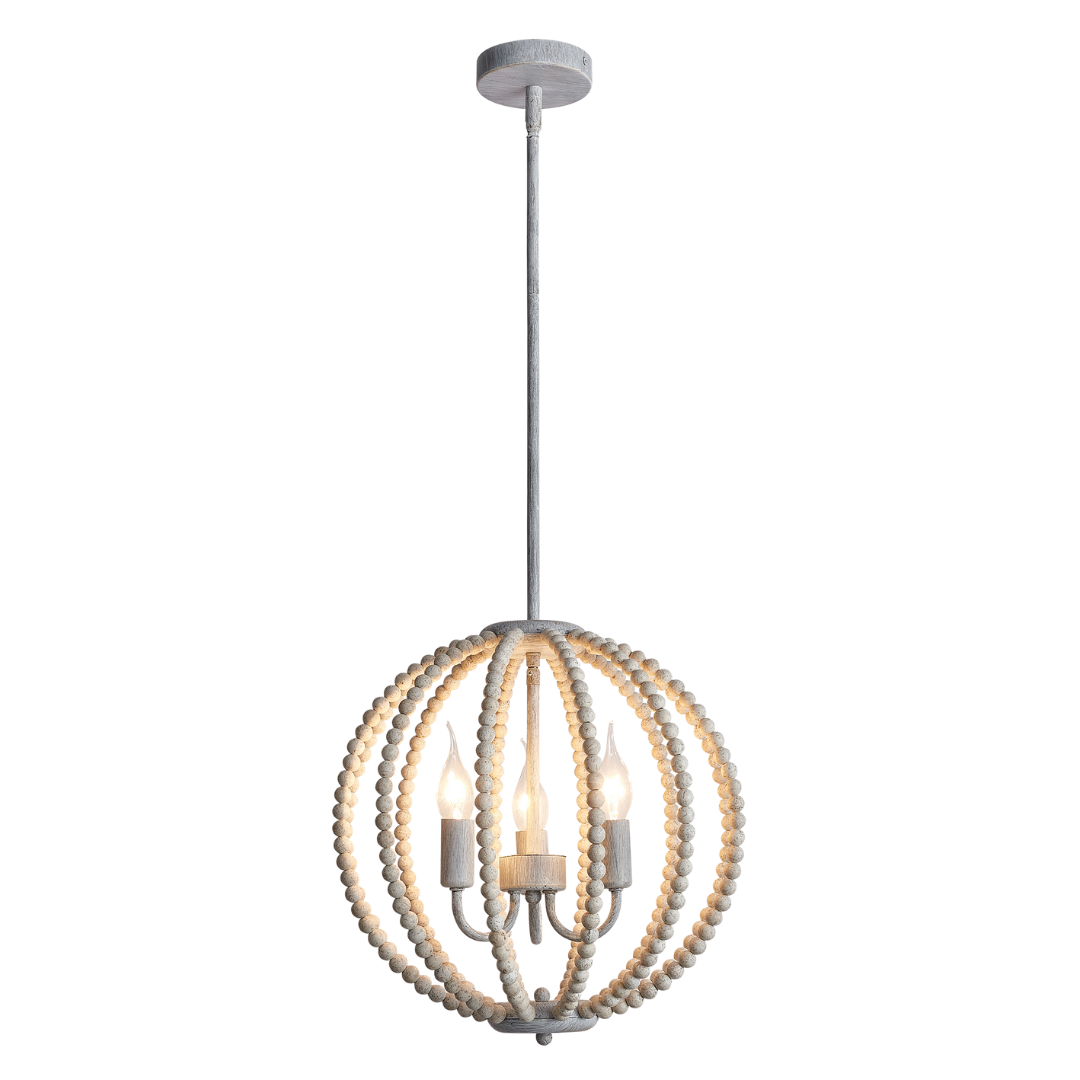 Metal and Wood Rounded Bead Chandelier - White Washed