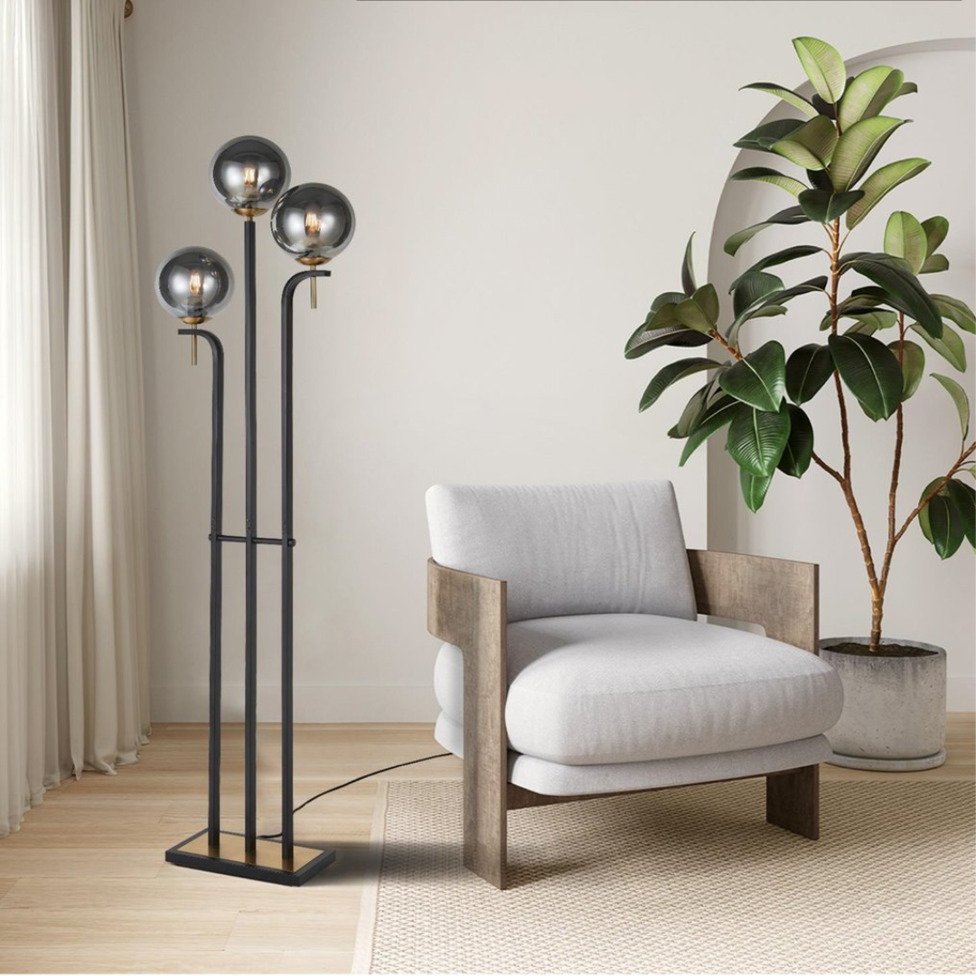 Vintage Glow Floor Lamp – Black & Antique Brass with Amber/Smoke Glass