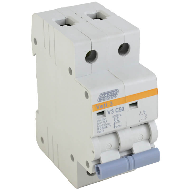 Veti 50A Double Pole MCB C-Curve 3kA