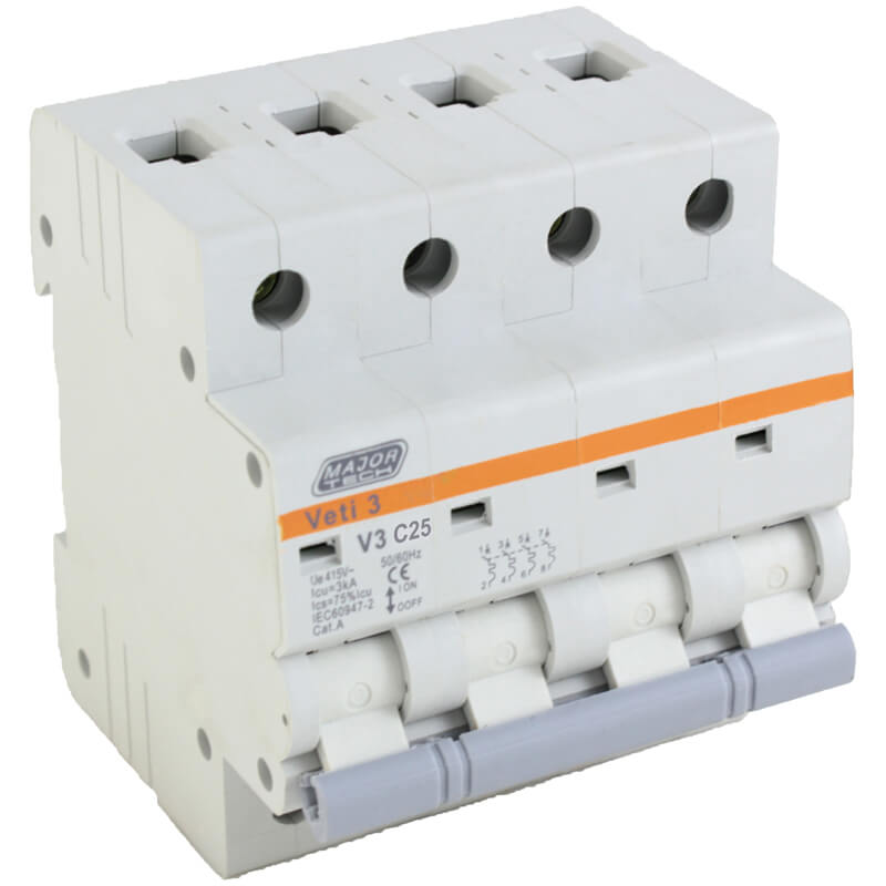Veti 25A Four Pole MCB C-Curve 3kA