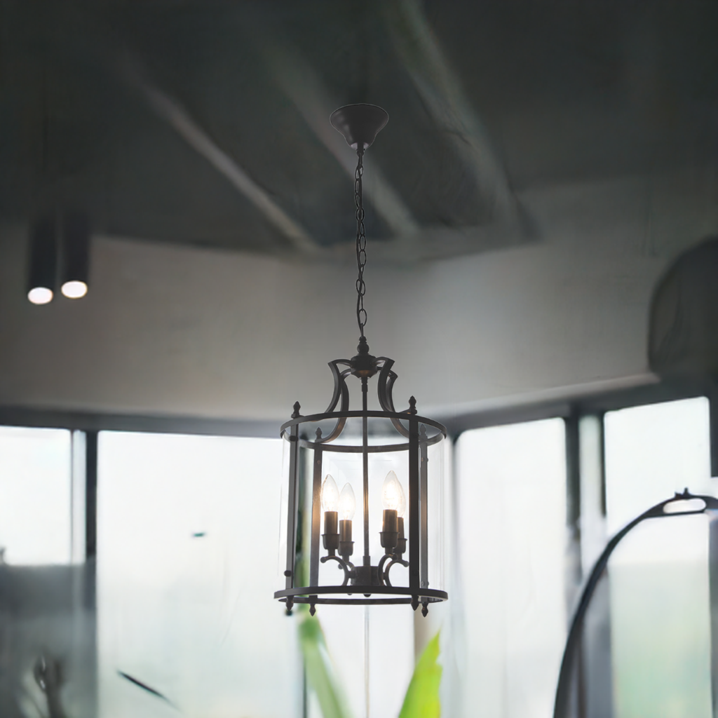 4-Light Pendant – Matte Black Metal & Clear Glass