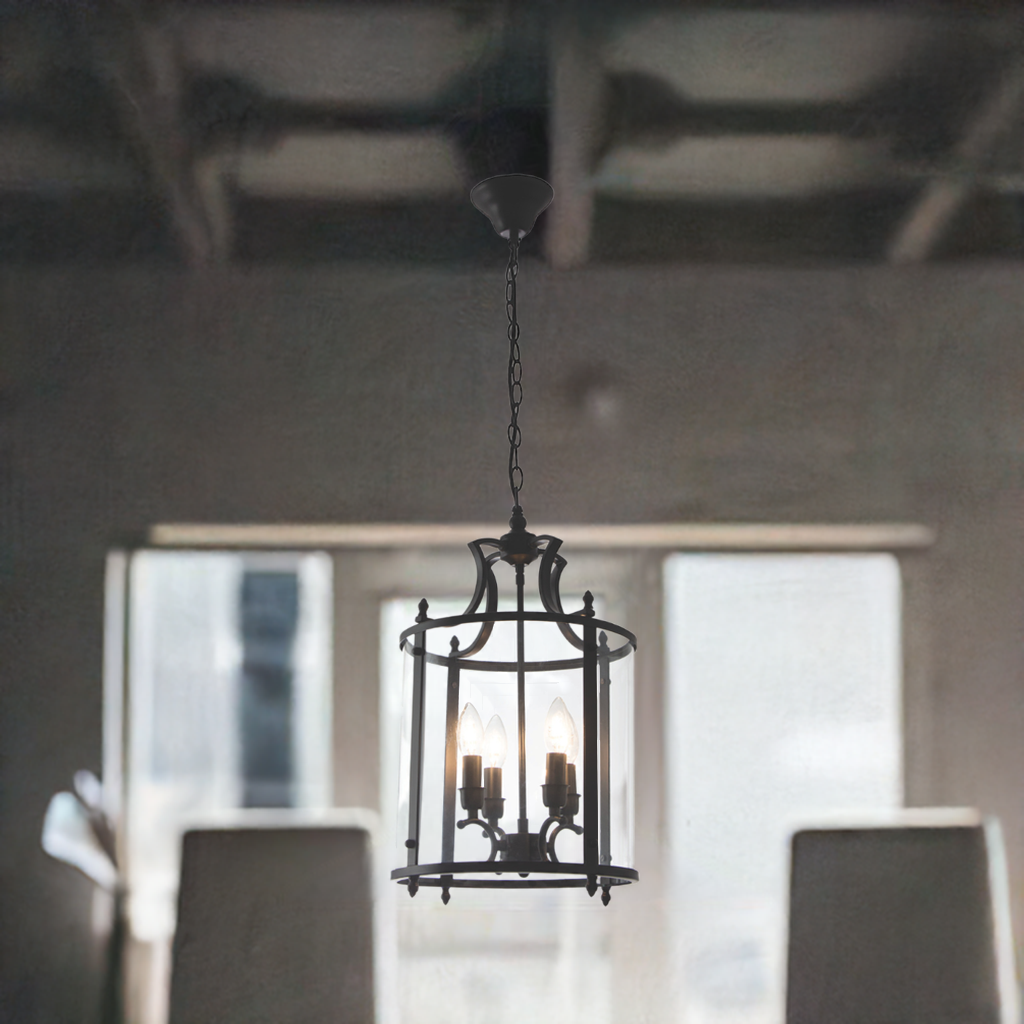 4-Light Pendant – Matte Black Metal & Clear Glass